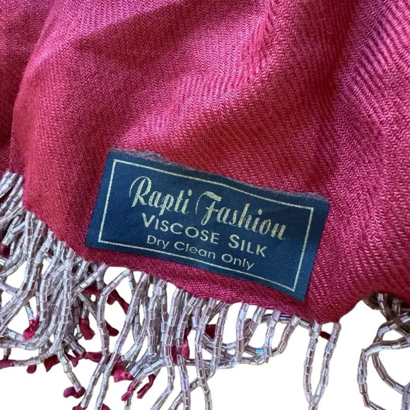 Rapti Fashion Burgundy Red Scarf Beaded Fringe Viscose Silk - Picture 3 of 6